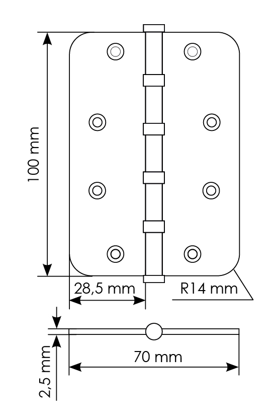 Петля стальная MSN-C 100X70X2.5-4BB SG скругленная универсальная с подшипником, вес полотна до 40 кг, цвет матовое золото фото купить в Барнауле